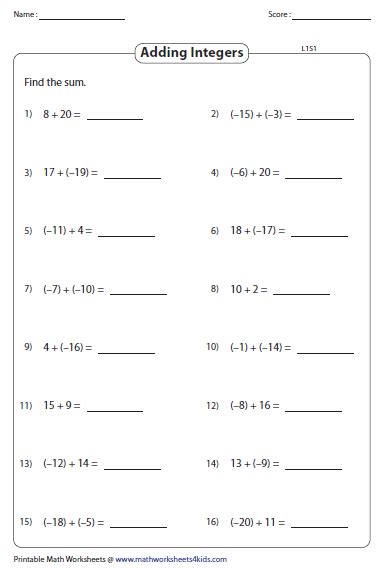 adding subtracting integers worksheet pdf